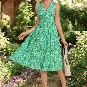 Grace Karin Floral Maxi Dress Sleeveless Womens XL Green White W/ Pockets NEW